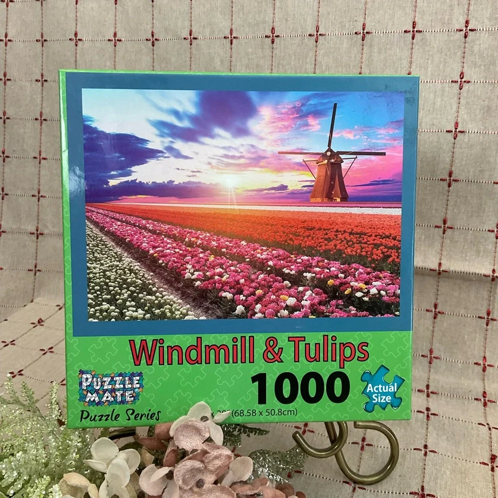 Set Of 2 Jigsaw Puzzles 1000 Pieces Each Windmill & Tulips Hot Air Balloons New